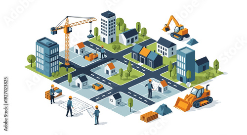 Isometric Cityscape Construction and Development Scene.