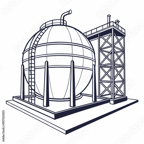 Industrial facility with a large spherical tank and tower structure