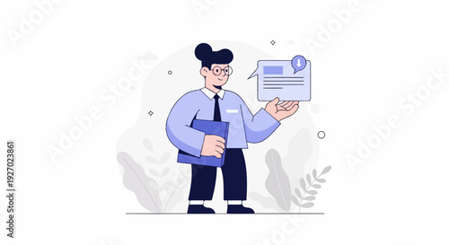 A person in a suit holds a folder and displays a chat bubble with an information icon