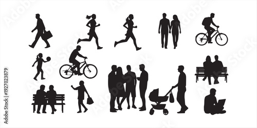 Silhouette set of walking man, standing man, male figure poses, black vector people illustration, isolated human character collection icons