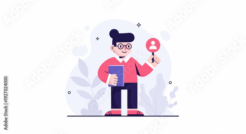 Animated figure holds a book and a magnifying glass with a person icon