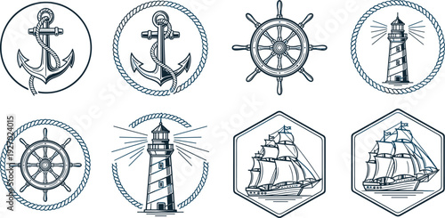 Vintage Nautical Marine Emblems Set with Anchor, Ship Wheel, Lighthouse and Sailing Ship Vector