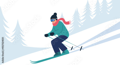 Skier skiing downhill in snowy mountains flat vector illustration winter sport landscape outdoor adventure concept design