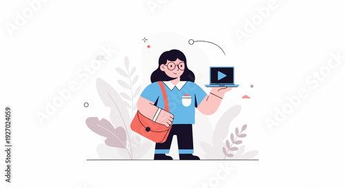 A stylized person with glasses, a blue shirt, and a satchel holds a laptop showing a play button