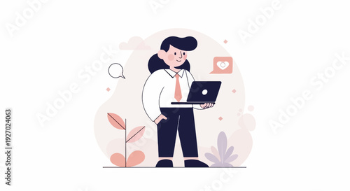Stylized person in business attire holds a laptop with a heart notification bubble