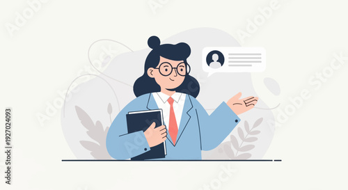 A smiling woman in a suit and tie, holding a folder, with a speech bubble showing a profile icon