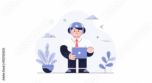Cheerful person in headphones holding a tablet with plants around