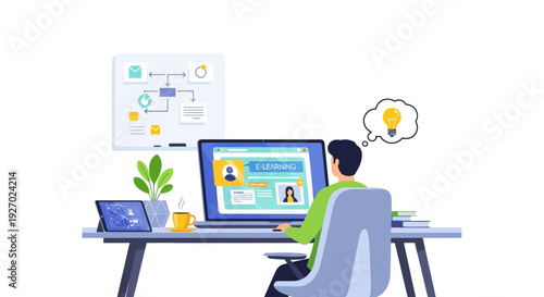 Man working on computer with idea bulb above head.