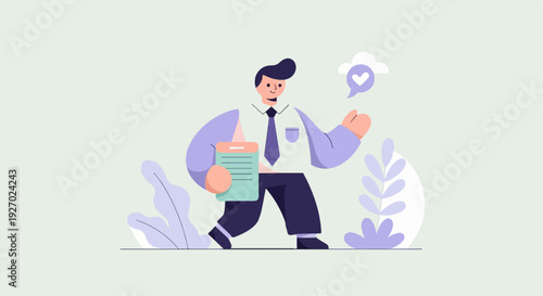 Stylized character in business attire holding clipboard, with heart icon