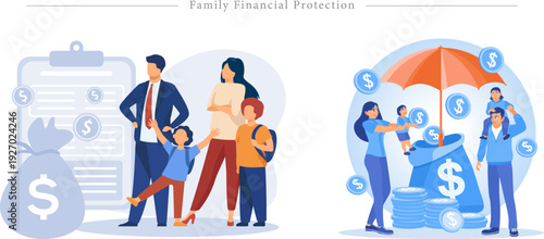 Family Financial Protection With Clipboard Money Bag And Orange Umbrella