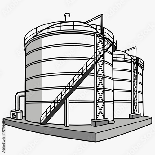 Industrial storage tanks with staircase and piping