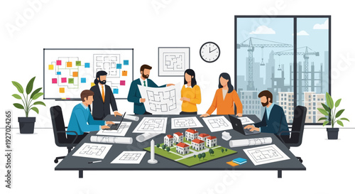 Diverse team collaborating on architectural project around a table.