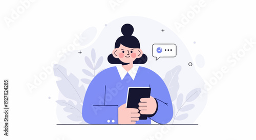 A smiling person in a blue shirt holds a tablet, with a speech bubble