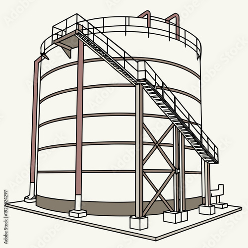 A large metal storage tank with a staircase