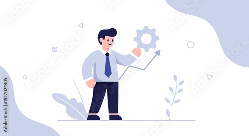 Business concept of a man holding a gear above an upward trend graph