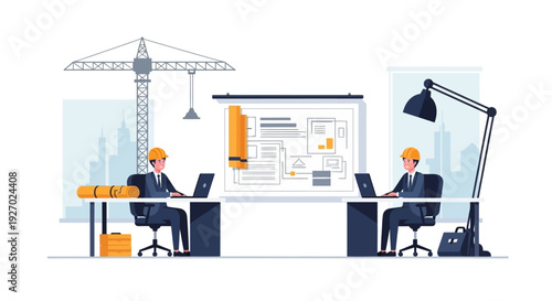 Engineers collaborating on construction project blueprints with laptops.