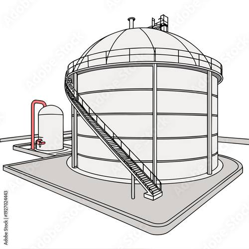 A large metal grain silo with a conveyor and storage tank