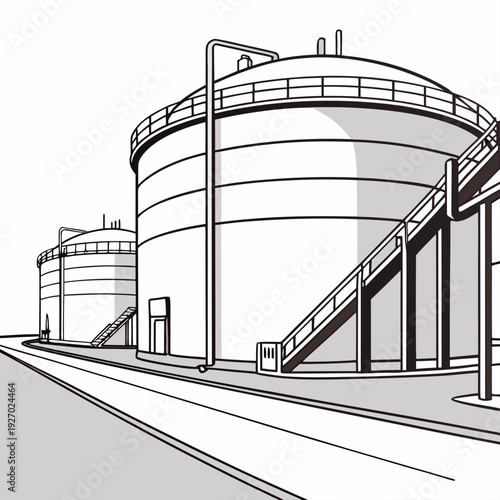 Industrial storage tanks with staircase and railings