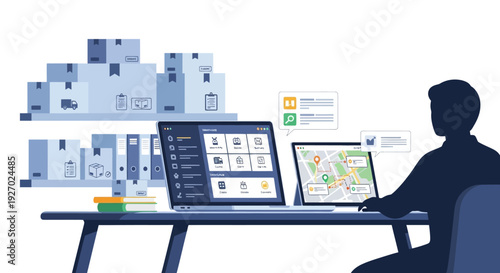 Man working on laptop and tablet with warehouse in background.