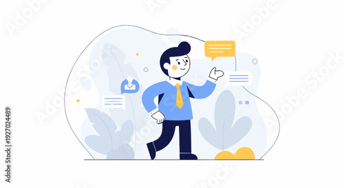 Cheerful businessman in blue shirt and yellow tie communicates via chat bubbles amidst abstract flora