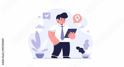 A man in a white shirt and tie holds a tablet