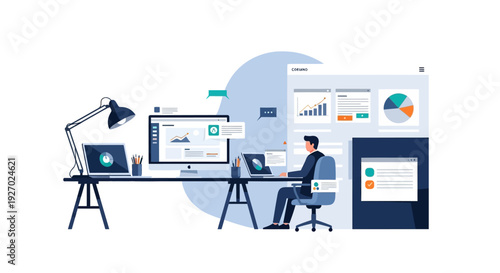 Man working on laptop at desk with multiple screens displaying data.