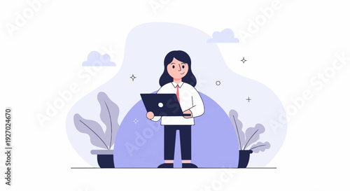 A person in a white shirt and tie holds a laptop, standing between potted plants