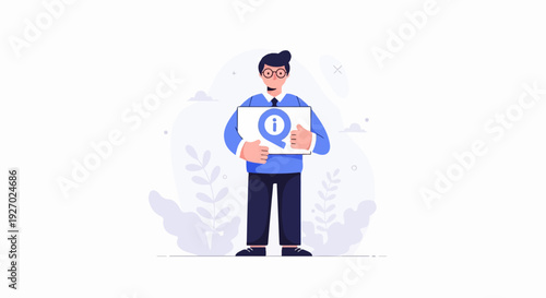 Person holding a sign with an information symbol and a question mark