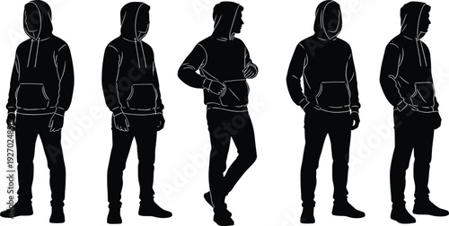 Hoodie man silhouette collection with casual male poses, black streetwear figures set, urban fashion, youth and lifestyle concepts