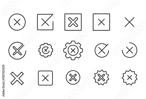 Assortment of cross or X mark icons in multiple designs like circles squares and badges symbolizing error cancellation rejection or incorrect answers