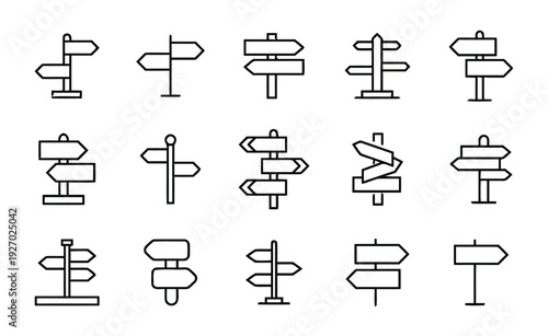 Assortment of directional signpost icons, displaying various multi-directional arrows and signs for navigation, choice, and information, on white background