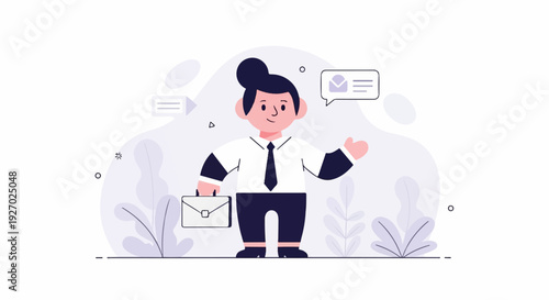 Cartoon businessman holding a briefcase, waving hello with a chat bubble nearby