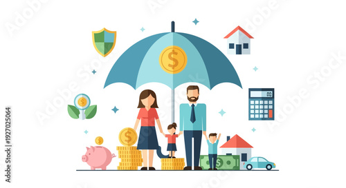 Family Protection Under Umbrella with Financial Security Symbols.