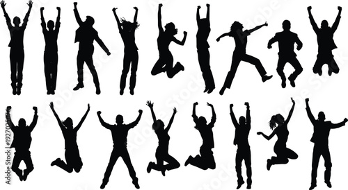 Jumping people silhouettes celebrating success with men and women raising arms, joyful energetic human figures isolated on white background