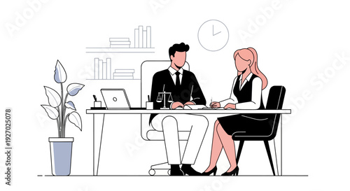 Lawyer and client discussing legal matters in office setting.