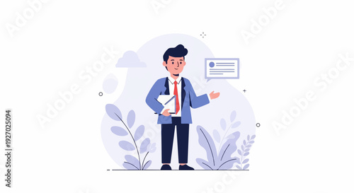 Cheerful businessman with document in hand, gesturing towards information bubble