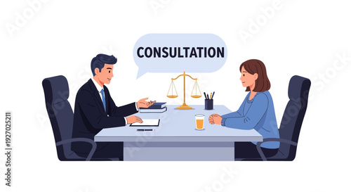 Lawyer and client in consultation meeting discussing legal matters.