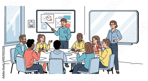 Diverse group of people in a business meeting learning from a presenter.