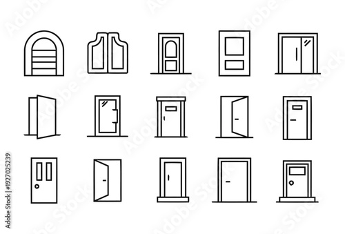 Collection of door icons. Different styles of entrances, windows, and passages including modern, classic, and open doors for building access and entry points.