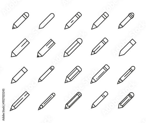 Collection of flat design line art icons representing pencils and writing tools in various styles, suitable for educational, creative, and office concepts