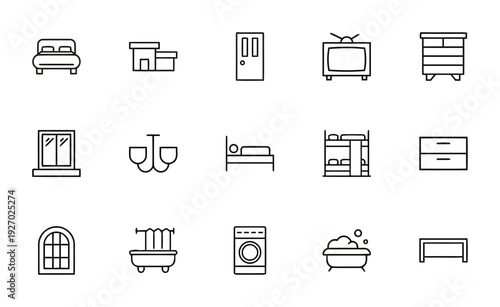 Collection of interior design icons featuring furniture and home elements like beds, dressers, windows, and bathtubs for room decoration and architectural visualization