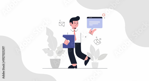 A businessman with a portfolio walks past potted plants, with communication icons floating nearby