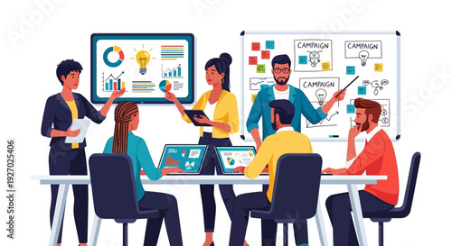 Diverse team collaborating in a modern office meeting.