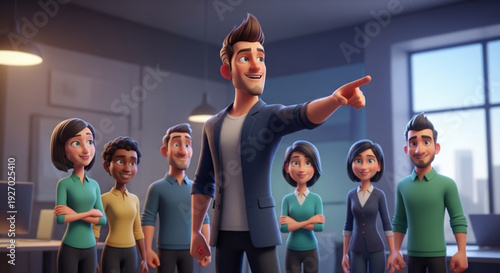 Confident leader guiding team in modern office space