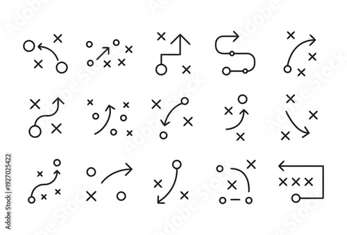 Collection of sport strategy tactics diagrams with circles crosses arrows and lines representing plays and formations on white background vector illustration simple and clean