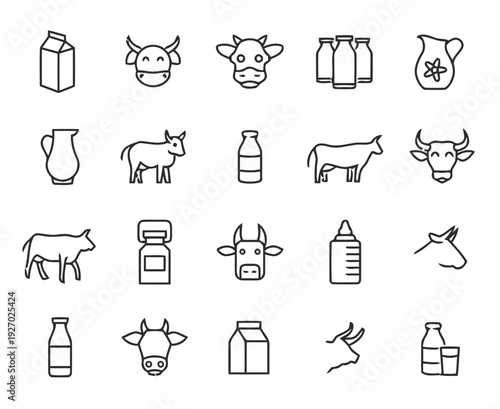 Collection of stylized line art dairy product icons including milk cartons bottles jugs and cows representing freshness health and natural ingredients for food and beverage industry