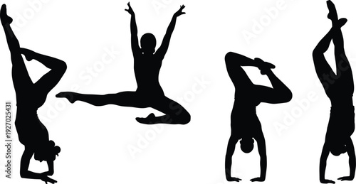 Acrobatic gymnasts silhouette set performing handstand and split poses, black vector illustration isolated on white background