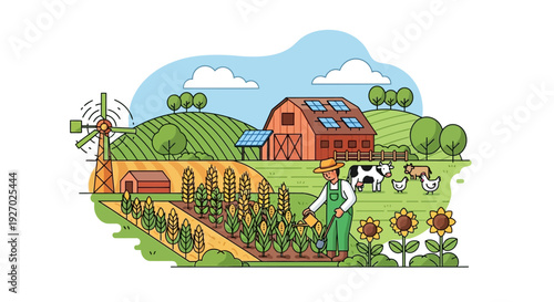 Farmer tending to crops and animals on a sustainable farm.