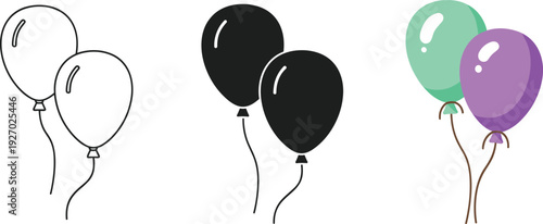 Balloon collection in outline black and colorful styles festive celebration decoration vector illustration isolated on white background