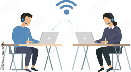 Customer support agents working online with headsets and laptops flat vector illustration for remote service communication concept